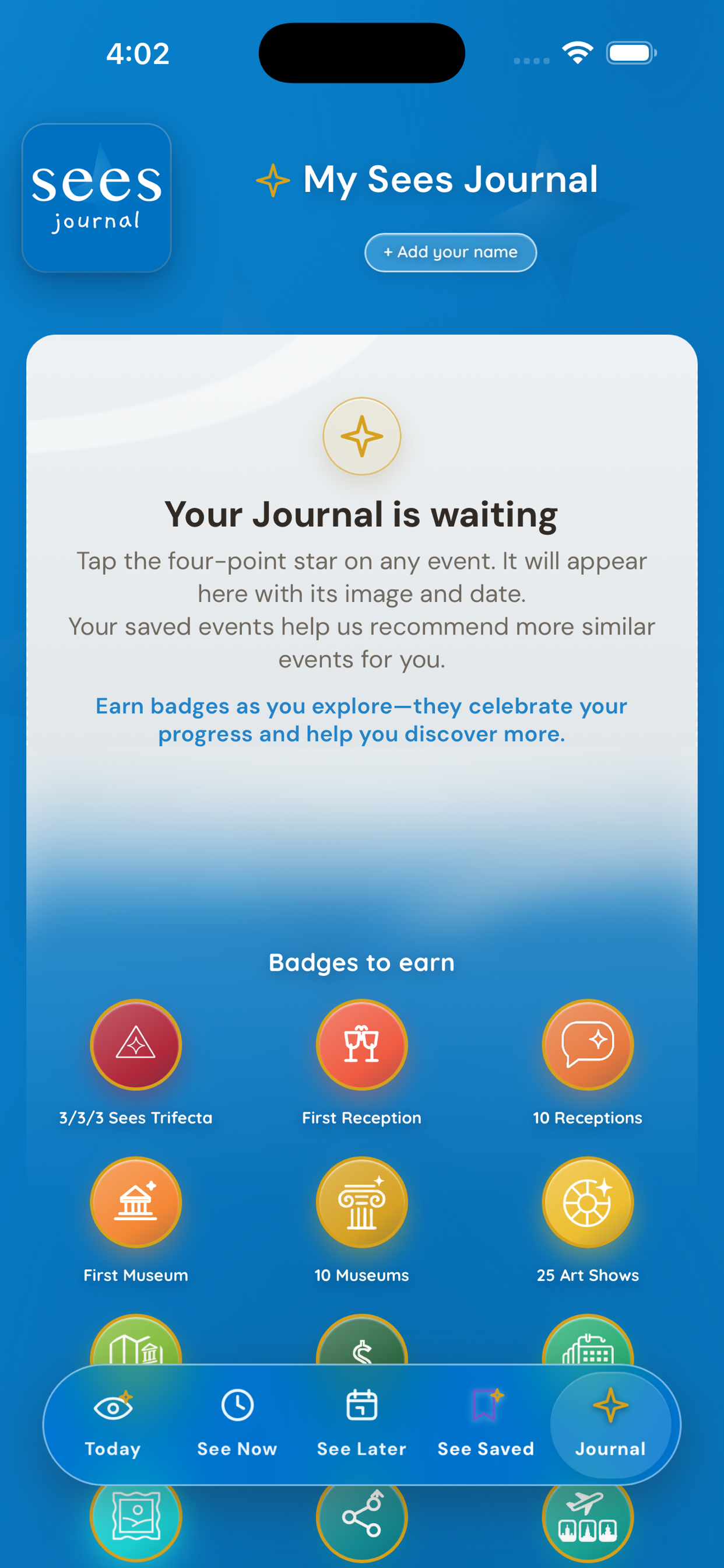 SeesJournal Journal screen showing saved visits and earned badges