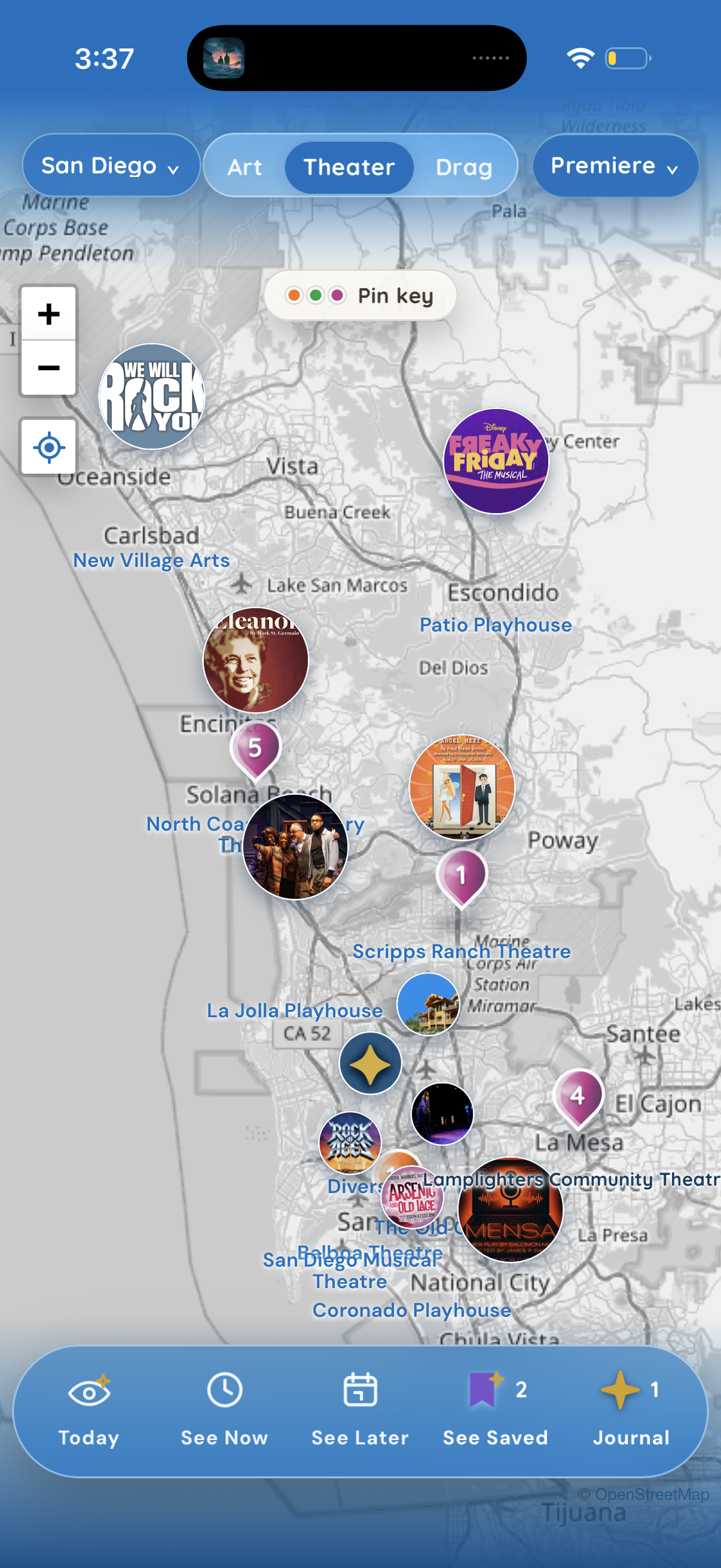 SeesJournal theater map showing events and venues across San Diego
